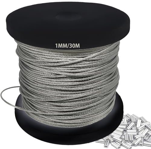 1mm 304 Wire Rope Stainless Steel Wire Cable 30m Length 7x7 Cross Section 100kg Breaking Load stainless steel cable with 30 Pcs Aluminum Crimping Clamps Loop Sleeve