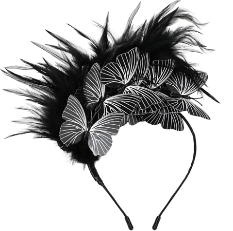 MWOOT Feder Schmetterling Haarschmuck Haarreif, 1920er Fascinator Kopfschmuck für Damen, Schwarz Feder 20er Jahre Stirnband mit Schmetterling für Karneval Cocktail Hochzeit Tee-Party Accessoires