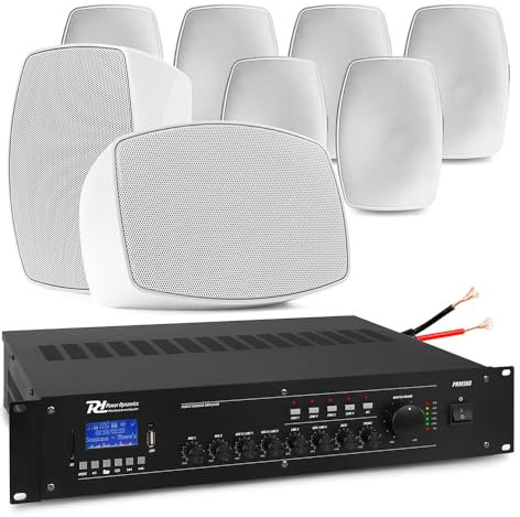 Power Dynamics PD 8x 5.25 White Wall Speakers System with 360W 4-Zone Mixer Amplifier, IPX5 Weatherproof Speaker, Commercial Background Music for Restaurant, Pub, Indoor & Outdoor Sound