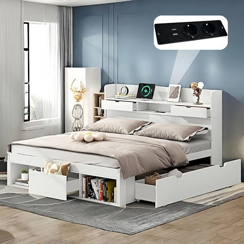 Sapgaks Bett 180x200 Mit USB-Port und Schubladen und Stauschrank,Bett mit Stauraum 180x200 und Lattenrost,Jugendbett,Multifunktionales,Doppelbett für Erwachsene,Großer Stauraum,ohne Matratze,weiß