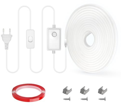 RYE 230V Direktanschluss COB LED Neon Streifen, Mit Schalten und Dimmen, 360LEDs/M, Outdoor Wasserdicht IP65, für Küche,Badezimmer, 3M Strip Band 6000K Kaltweiß Mit Doppelseitig Klebend und Klammern