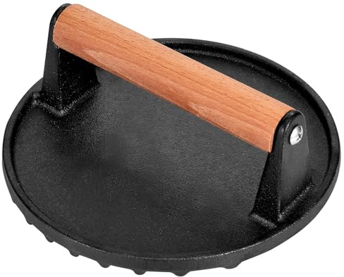 Whaleme Smashed Burger Press, 7” Round Heavy-Duty Cast Iron Smash Meat Steak with Wooden Handle for Blackstone Griddle, Juicy and Crispy Burgers for BBQs, Cookouts