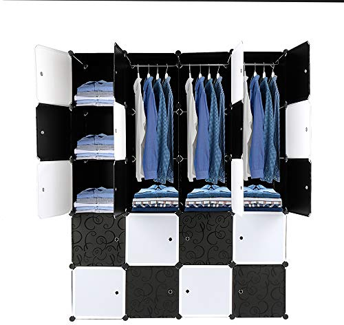 Bonnlo Kleiderschrank aus Kunststoff, DIY Regalsystem, Tragbarer Garderobenschrank, Regal mit Türen, Steckregal 20 Würfel, mit 3 Kleiderstange, Weiß & Schwarz, 142x47x178cm