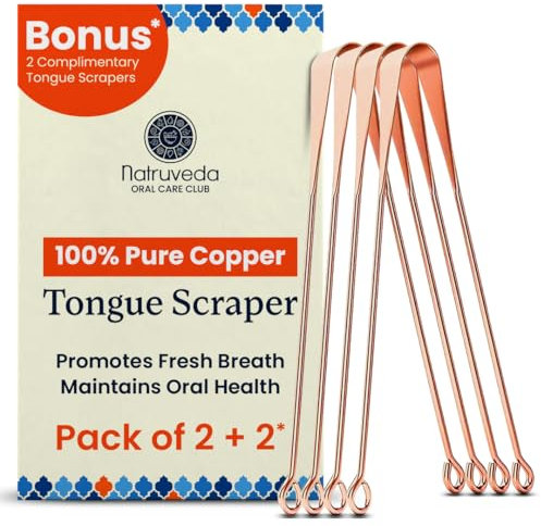 Natruveda Copper Tongue Scraper - Metal Oral Hygiene Tool for Kids, Reusable Mouth Scraper & Cleaner, Premium Copper Design, Fresher Breath & Debris Removal, Travel-Friendly, USA-Based Seller - 4-PACK