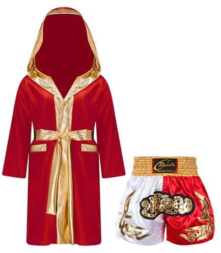 LiiYii Muay Thai boxningsset för barn, flicka, pojke med MMA-sportshorts, badrock, huvtröja, kampkläder, 5–16 år, Bourgogne, 5-6 ans