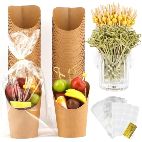 Charcuterie Box,Charcuterie Tassen,Charcuterie Zubehör,Snack Tasse,Charcuterie Kegel,Pommes Frites Halter Mit Cocktail Spieße Zahnstocher 60Tassen+200Sticks+60Beutel+60Etiketten,Mini Burger Brötchen