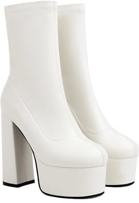KUHAOFEU Bottines À Plateforme pour Femme Talon Bloc Chaussures À Talons Hauts Et Rondes avec Fermeture Éclair,Blanc,46 EU