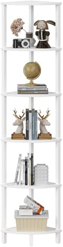 VIMBER Corner Shelf, 6-Tier Corner Bookshelf, Industrial Corner Ladder Shelf, DIY Storage Shelves, Modern Display Shelf for Living Room, Bedroom, Kitchen, Home Office, White UJSJ004W