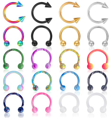 Yolev 20 Stück Hufeisen Septum Piercing 8 mm Bunte 16G Chirurgischem Nasenring für Männer und Frauen Knorpelpiercing Ringe für Tragus Knorpel Lippe Augenbraue