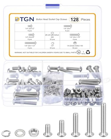 DTGN 128Pcs 1/4-20x1/2 to 1-1/2 Button Head Socket Cap Screws - 304 Stainless Steel Bolt Nut Set Washer Assortment Kit - Good for Road Bicycle, Mountain Bike, Auto | Bolt Nut Set Washer Assortment Kit - Good for Road Bicycle, Mountain Bike, Auto
