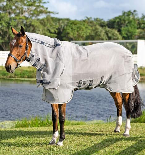 Horseware Fliegendecke Rambo Protector Integrated Silver/Navy, White & Beige/ 145 cm (6'6)