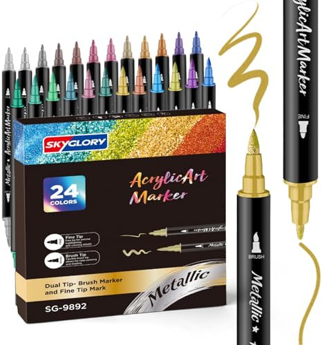 SKYGLORY 24 Colours Dual Tip Metallic Acrylic Paint Pens Set, Fine & Brush Nib Metallic Paint Markers, Multi-Surface Acrylic Marker Pens for Crafts, Rocks, Canvas, Glass, Wood, Ceramics & Clothes