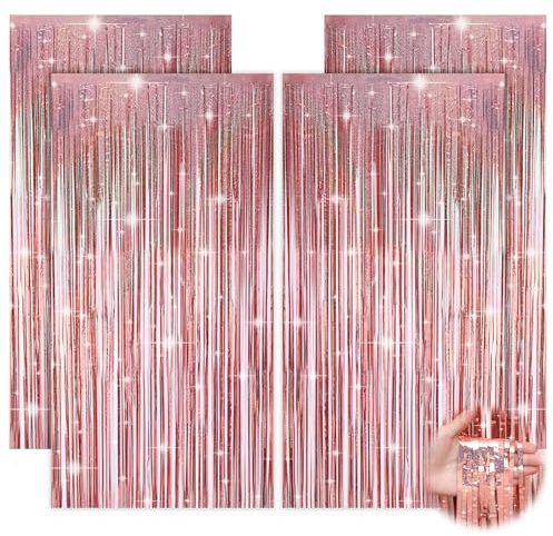 4 Stück Lametta Vorhang Rosa Gold, Glitzer Vorhang, Deko Party | Glitzer Metallic Folie Fransen Glitzervorhang, Luftschlangen für Jugendweihe Discokugel Deko 18. Geburtstag Geburtstagsdeko