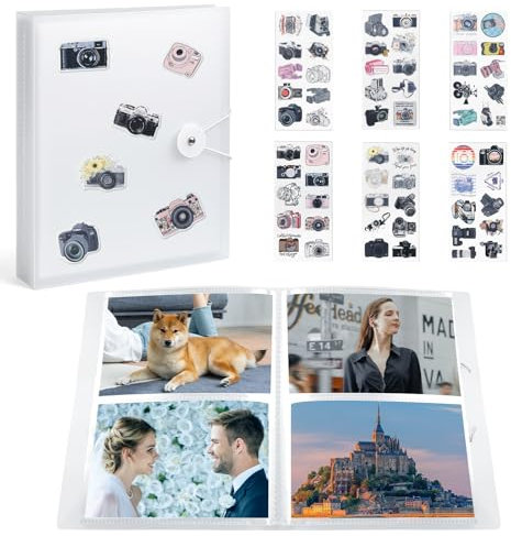 Fotoalbum Einsteckalbum, Karten Halter Album mit 6 Kamera Aufkleber, Fasst 200 Fotos im Format 16x11, Kartenalbum Ordner, Klein Fotoalbum, Transparentes Stickerbuch Sammelalbum für Hochzeit Geburtstag