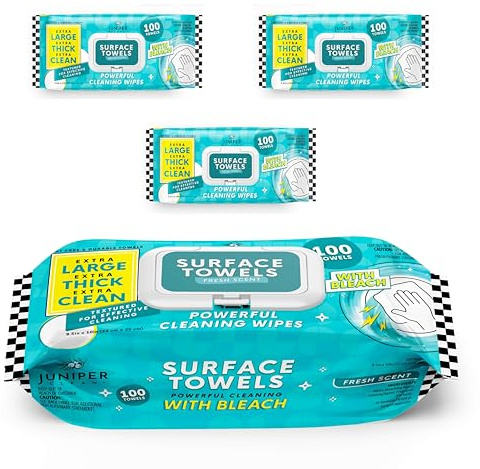Juniper CLEAN 3 Packs Surface Wipes with Bleach, Thick & Large Dispose, All-Purpose Cleaner for Bathroom, Kitchen, Office, 300 Count Soft Flow, Biodegradable, Fresh Scent