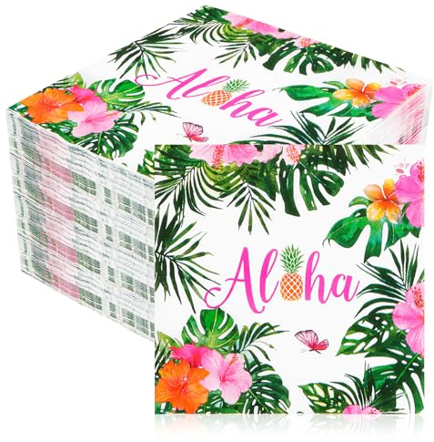 Lot de 40 serviettes en papier - Pour fête hawaïenne - 33 x 33 cm - Vert - Pour cocktail - Motif : monstera