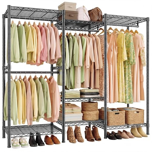 REIBII 380kg Strong Heavy Duty Clothes Rail, 194Hx175Wx40Dcm Freestanding Clothes Rail with 7 Sheves and 4 Adjustable Hanging Rods, Split-Type Design, 2-Mode Steel Clothes Rail for Bedroom Black