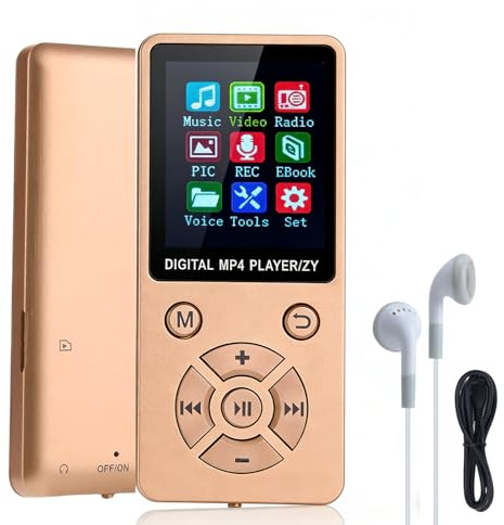 Ouitble MP3 Player/MP4 Player 64GB Bluetooth 5.0 HiFi MP3 Music Player, 1.8-inch LCD Screen with Loudspeaker Video E-book Photo Viewer Headphones Supports Up to 128GB (Golden)