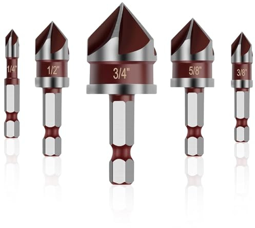 5PCS Countersink Drill Bit Set, 82 Degree HSS Counter Sink Drill Bit, 5 Flutes 1/4-3/4 with 1/4 Inch Quick-Change Hex Shank Counter Sink Drill Bits for Wood, Metal, Plastic