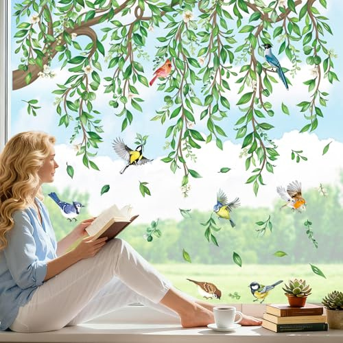 wondever Hanging Vine Eucalyptus Leaf Window Clings Green Potted Plant Bird Glass Sticker Decal Anti Collision Double-Side Static Window Stickers for Home Glass