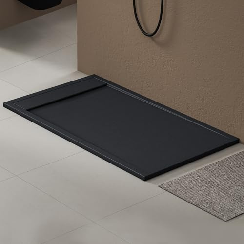 doporro Duschtasse Duschwanne 80x140x3cm aus Mineralguss in Anthrazit | Rechteckig Duschwanne für bodenebene Montage mit DIN-Anschlüssen – stabil & pflegeleicht für moderne Duschen Geoma10