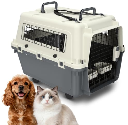 Ollewiellan Trasportino per cani fino a 17,5 kg con ruote, 67,3x54,9x51,5 cm, Trasportino per animali domestici idoneo per voli per cani e gatti, incluso vassoio per urina, 2 ciotole e guinzaglio