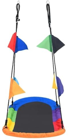 Runheo Nestgunga med flaggor 165 x 70 cm av stål och tyg, trädgårdsgunga för träd eller gungställ, justerbar upphängning, 8 flaggor, upp till 150 kg för trädgård terrass lekplats