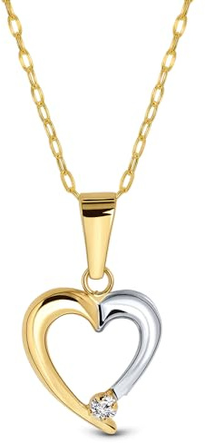 Miore Damen-Halskette mit Anhänger – Filigrane Kette aus 9 kt. Gelbgold mit zweifarbigem Herzanhänger und Zirkonia Stein – Halsschmuck 45 cm lang, Gold