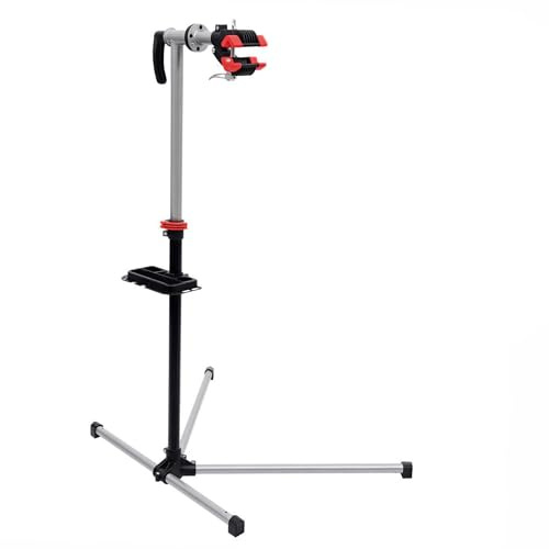 HOMCOM Pied d'Atelier Vélo Support de Réparation Professionnel, Charge 30kg pour VTT - Stand de Montage Pliable avec Plateau à Outils - Hauteur Réglable 180cm et Pince Rotative 360, Gris Noir