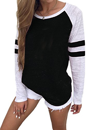 Famulily Women's Long Sleeve Baseball Tee Shirt Crew Neck Colorblock Striped Tops(Black,X-Large)