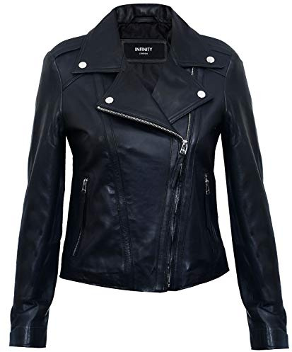 Infinity Leather Señoras Para Mujer de Cuero real Negro Equipado con Chaqueta de Moda con Cremallera Estilo Motorista