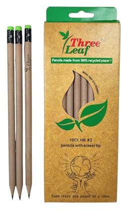 three leaf Recycled Paper Pencils (Pack of 10) - 100% Eco Friendly, Earth Friendly Pencil with Latex Free Eraser - Non toxic Wood free Pencil, 2 HB