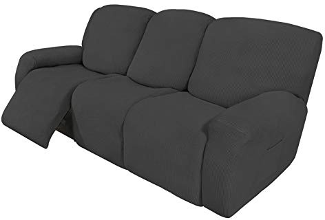 Easy-Going 8 Pieces Recliner Sofa Stretch Sofa Slipcover Sofa Cover Furniture Protector Couch Soft with Elastic Bottom Kids, Spandex Jacquard Fabric Small Checks Dark Gray