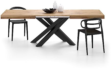 MOBILI FIVER, Ausziehbarer Esstisch Emma 160(240) x90 cm, Rustikale Eiche mit Schwarzen gekreuzten Beinen, Made In Italy