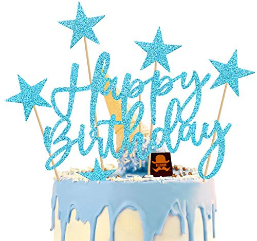 iZoeL Tortendeko Blau 2set Happy Birthday 20pcs Sterne Cake Topper Kuchendeko Blau Geburtstag Dekoration