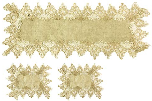 EUROSTYLE Art. Corte centrino Striscia tovaglia tovaglietta da Tavolo Cucina Soggiorno Comodino di Bellezza con Macrame Pizzo Ricamato ai Lati (Set 3 Pezzi (1pz 39x87cm + 2pz 32x44cm),Disegno-2)