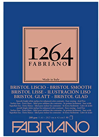 Fabriano Honsell 19100655 - Fabriano Bristol-Block 1264, 4-fach geleimt, 200 g/qm, DIN A3, 50 Blatt weißes, extra glattes Papier, säurefrei, ideal für alle Trockentechniken und leichte Nasstechniken