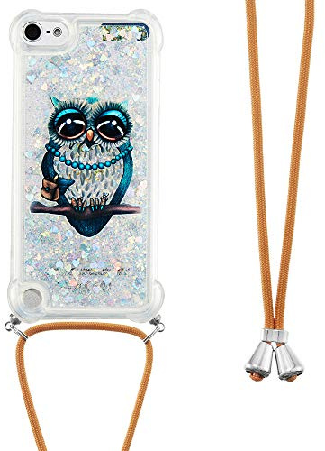 LEMAXELERS Halskette für iPod Touch 5 / iPod Touch 6, Glitter, Glitzer, glitzernd, Flüssigkeit, transparent, Silikon, TPU, mit Kordel zum Umhängen, für iPod Touch 5, YB GS Eule