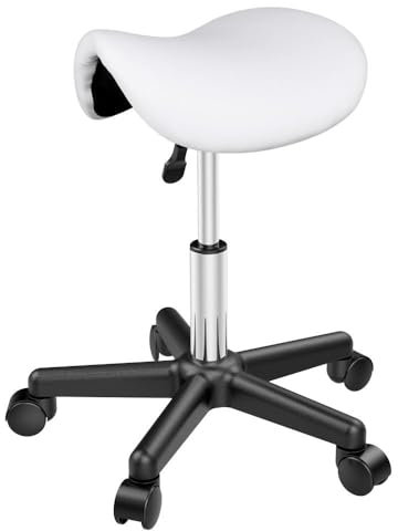 Yaheetech Sattelhocker, Rollhocker Drehhocker Praxishocker Arbeitshocker Bürohocker, höhenverstellbaren Hocker mit 5 Rollen Weiß