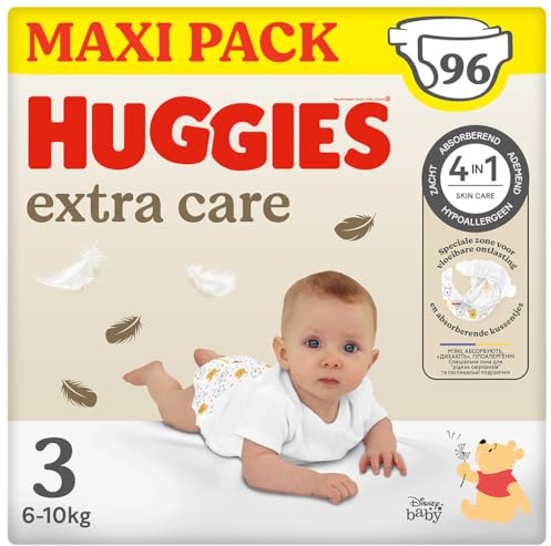 HUGGIES Extra Care - Couches bébé Taille 3 (6-10kg) - Pack de 96 couches - extra doux - barrières anti fuite - facile à changer - hypoallergénique et testé dermatologiquement - avec des motifs Disney