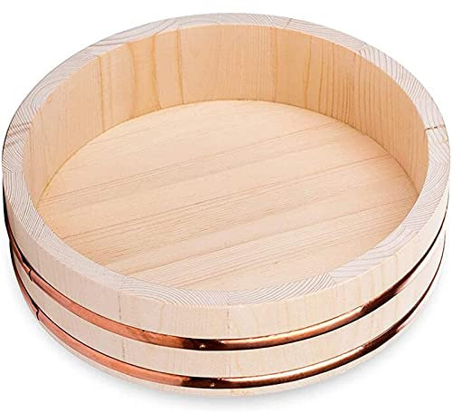 Japanese Hangiri Sushi Oke Rice Mixing Tub, Wooden Sushi Rice Bowl, Sushi Serving Bowl Container Rice Barrel with Copper Band for Restaurant Home Kitchen,72x16cm