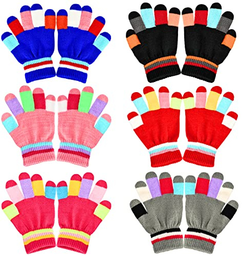 KATELUO 6 Paar Vollfinger Handschuhe Kinder,Kinderhandschuhe Winter,Handschuhe Kinder,Stretch Handschuhe Kinders,Modisch Gestrickte Warme Handschuhes,für 5-10 Jahre Jungen und Mädchen