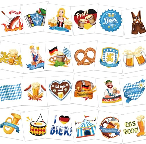 DPKOW 72pcs Oktoberfest Temporäre Tattoos, Wiesn Bayern Tattoos Tätowierung Oktoberfest Gastgeschenke Kostüme Accessoires, Prost Bier Brezel Lebkuchen Deutschland Bayern Flagge Lederhosen Dirndl
