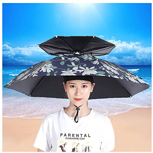 Yadlan Chapeau Parapluie de Tete Adulte, 2 Pièces Double Couche Chapeau de Protection Solaire avec Bande Élastique, Chapeau Parasol pour Golf Pêche Randonnée Jardinage(Size:77cm,Color:Flower1)