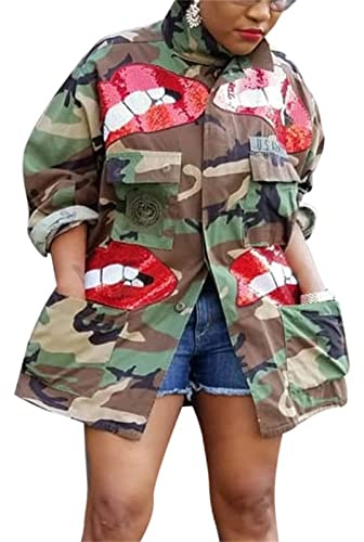 Ptorlio Sexy Camouflage Jacket for Women Army Fatigue Long Cargo Jackets Trench Coat Plus Size
