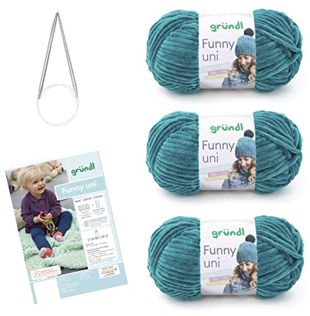 Gründl Wolle Funny uni - weiche Chenille Wolle mit Nadel und Anleitung für eine Babydecke - Kuschelig und hautfreundlich - 100% Polyester - 3 Knäuel 100 g / 120 m - Nadelstärke 5-6, petrol