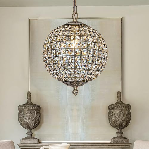 ALOADECOR 1-Light W12 in. Retro Antique Gold Globe Chandelier Small Crystal Vintage Cage-Style Shade Pendant Light for Kitchen Island Sphere Light Fixture for Bedoom