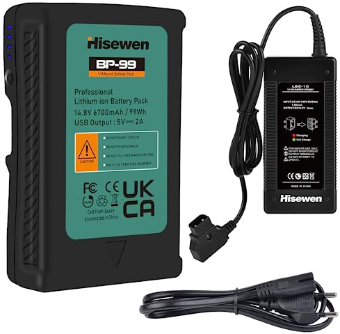 Hisewen 99Wh(6700mAh) BP-99 Batería V-Mount/V-Lock y Cargador D-Tap Compatible con Sony Camcorder Broadcast LED Video Light Blackmagic URSA Mini Pro