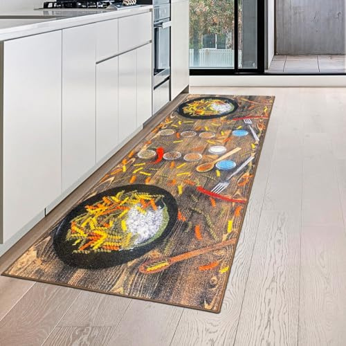 Teppich-Traum Küchenläufer Küchenteppich Nudeln Gewürze Chili 80x250 cm | Pflegeleicht, strapazierfähig, rutschfest, allergikerfreundlich, Flachgewebe, schützt Böden in Küche, Flur und Essbereich