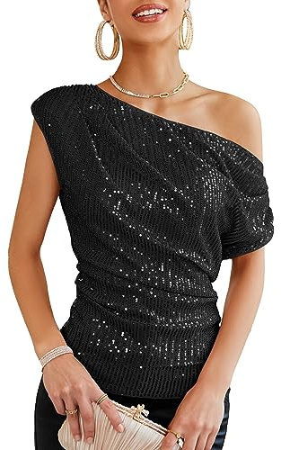 GRACE KARIN Women Short Sleeve Sparkling Party Tops Sparkling Dance Shirt, Color: Black, Size:XXL